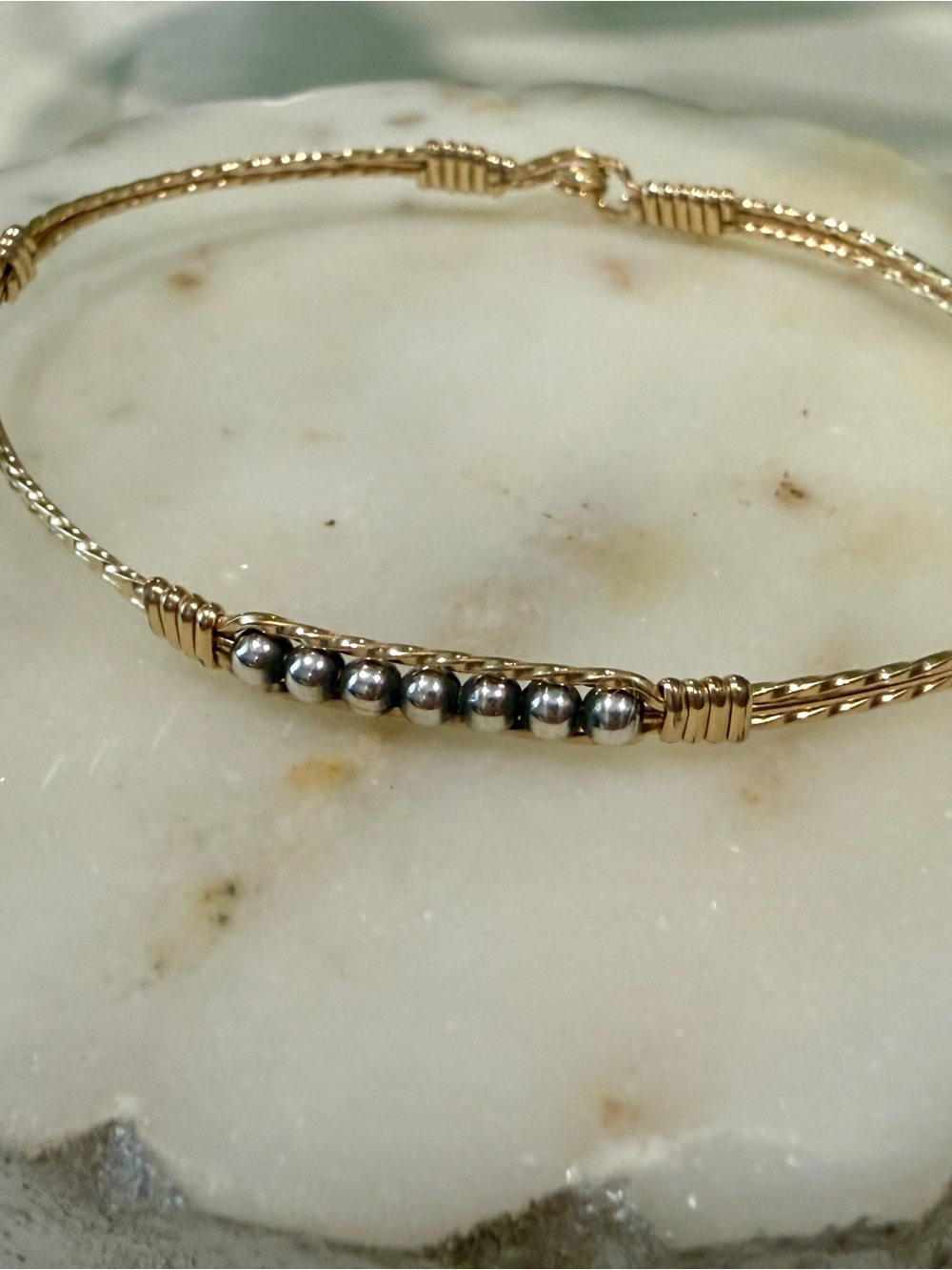 Ronaldo Power of Prayer- Gold-Tone Twisted Bangle Bracelet with Silver Bead Row - Picture 3 of 7